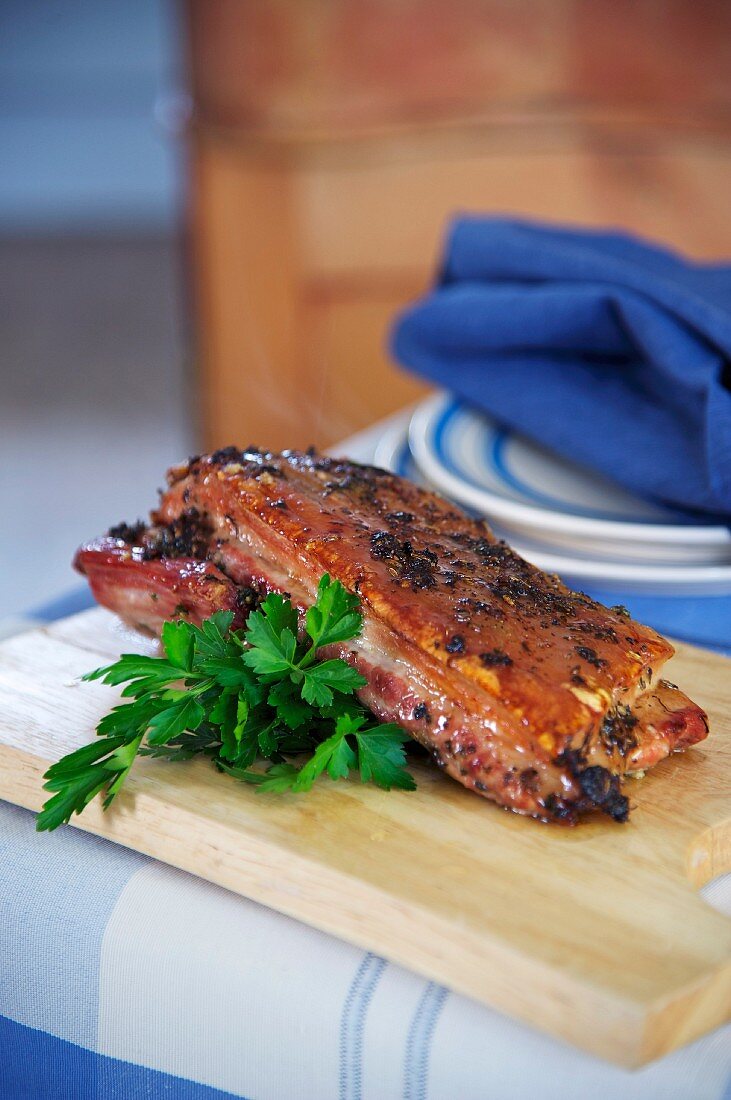 Crispy roast pork belly with parsley