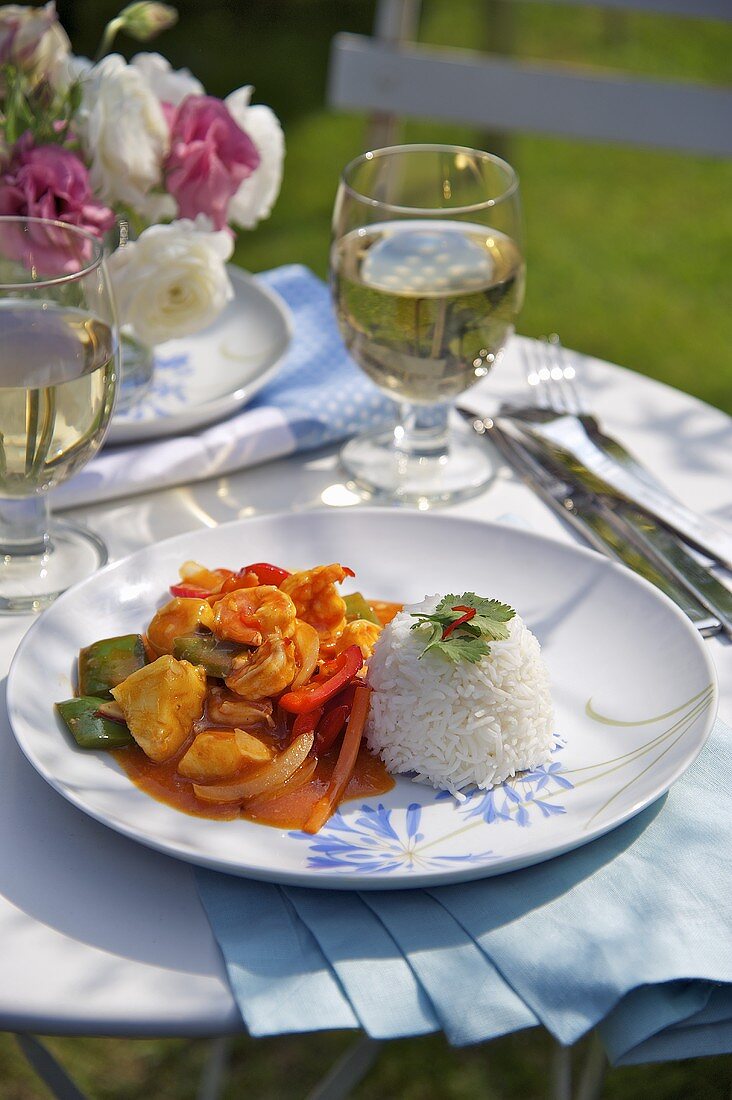 Sweet-and-sour prawns with rice