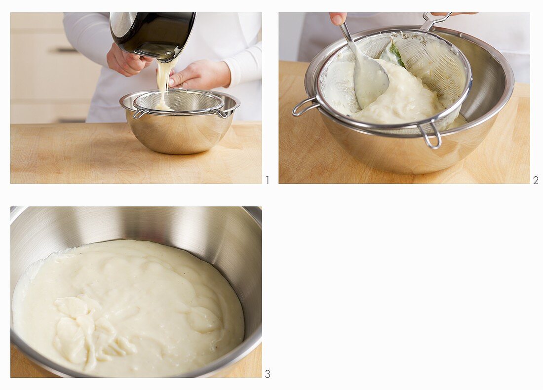 Bechamel sauce being sieved