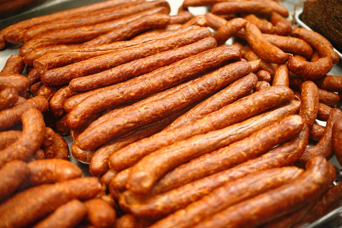 Smoked Hungarian Sausages on Display at Market