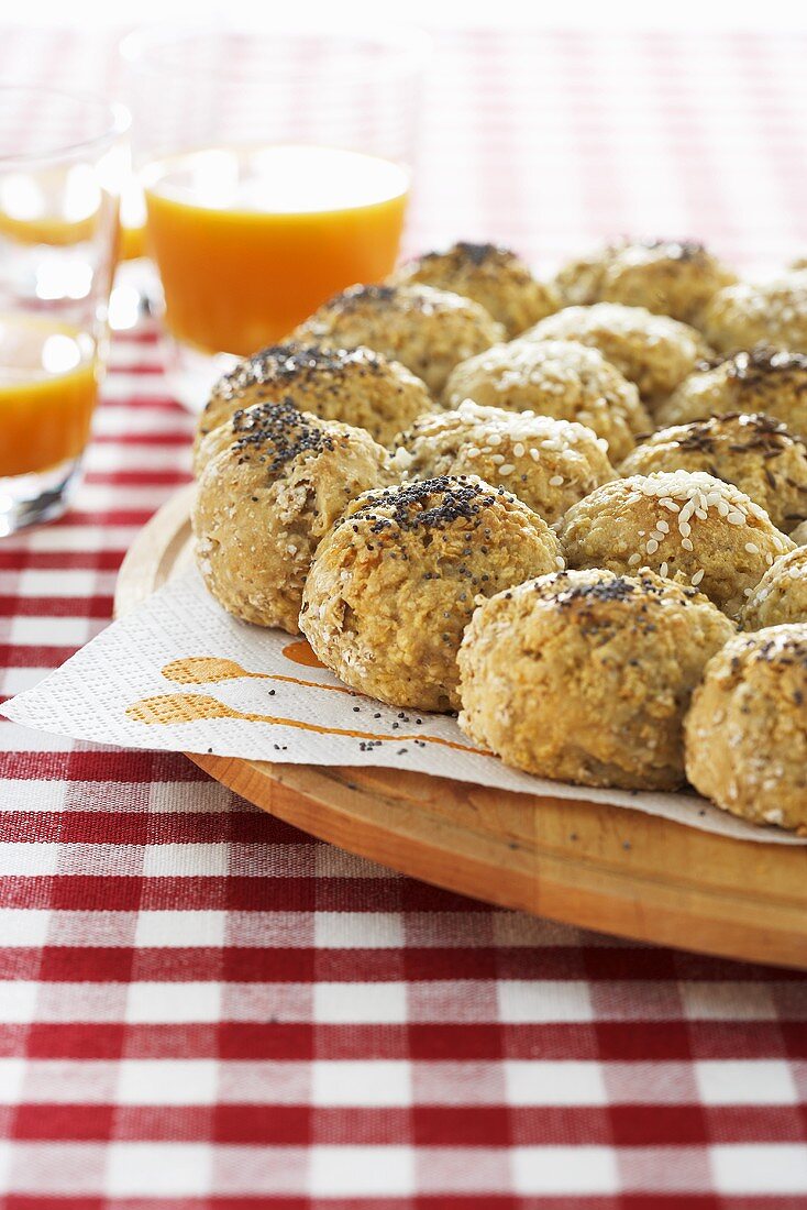 Stuffed bread rolls with poppy seeds and sesame seeds