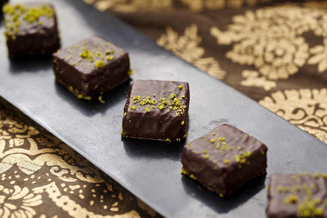 Chocolate cubes with pistachios for Christmas