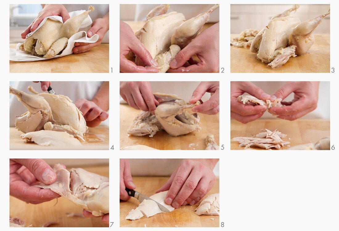 A chicken being chopped for making soup