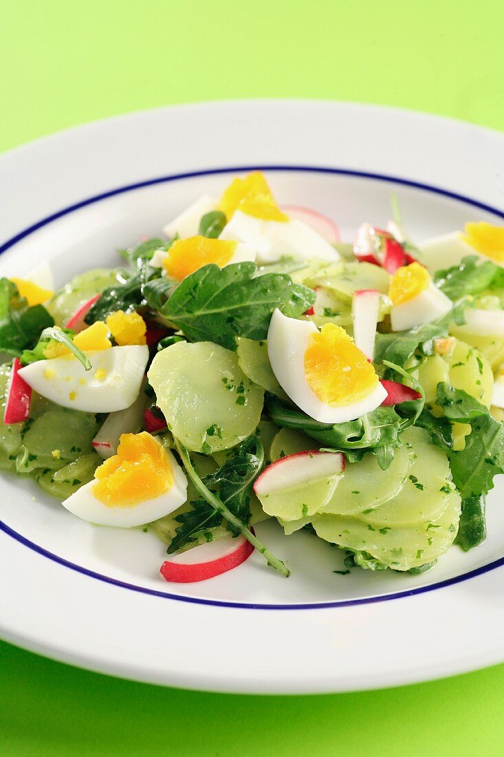 Potato salad with rocket, radishes and egg