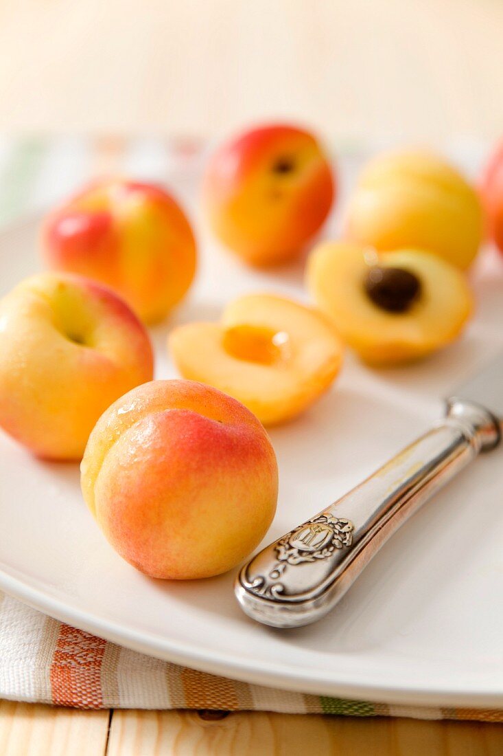 Frische Aprikosen auf Teller mit Messer, ganz & halbiert