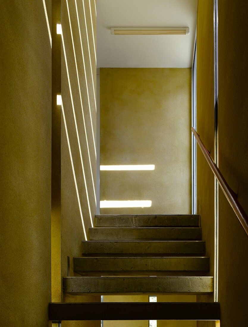 Lichtbänder in gelb getönter Wand und Betonstufen im schmalen Treppenhaus