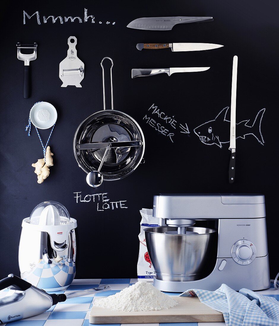 Various kitchen utensils and devices (mechanical and electric) and flour
