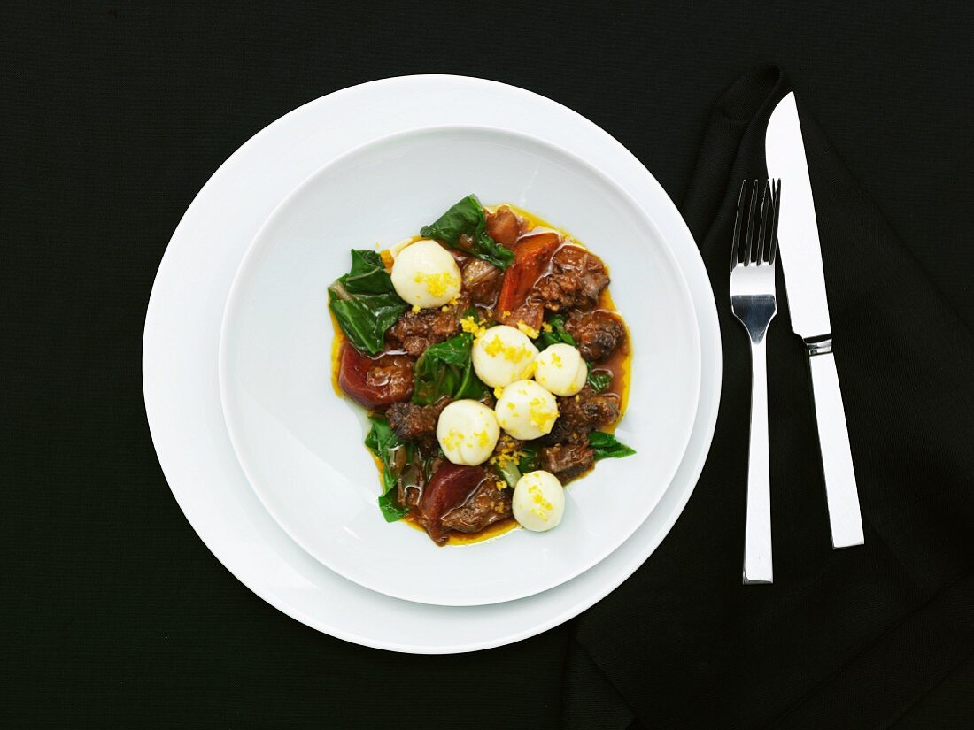 Ox tail ragout with goats cheese and potato gnocchi