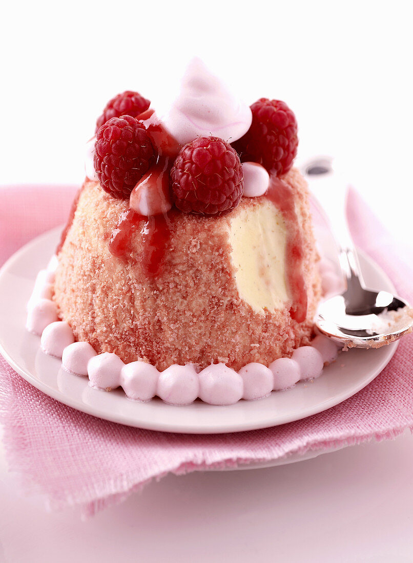 Frozen raspberry charlotte with cream and meringue