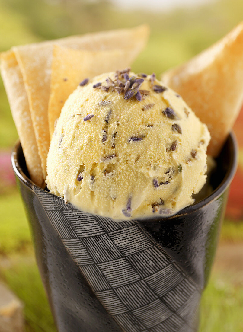 Lavender ice cream with samosas