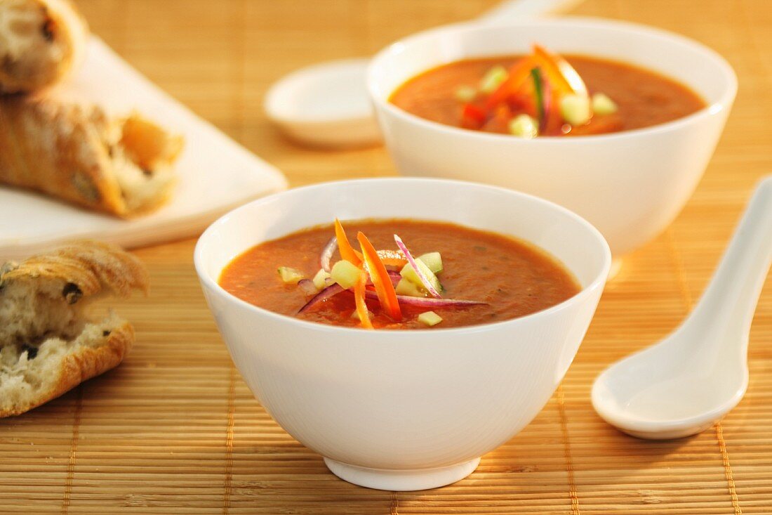 Two bowls of gazpacho