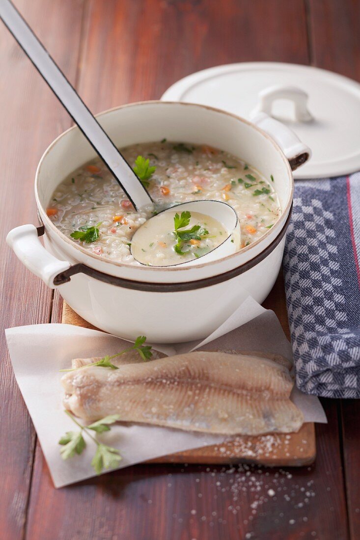 Barley soup with trout fillet