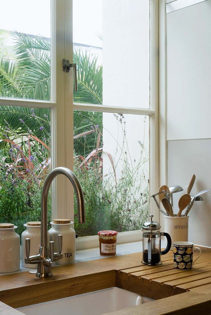 Wooden Worktop With Kitchen Sink And License Image 11004405 Image   11004405 Wooden Worktop With Kitchen Sink And Vintage Tap Fittings In Front Of Window 