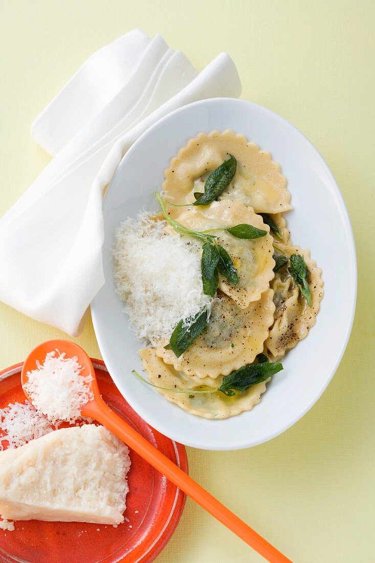 Spinach and ricotta filled ravioli with sage butter