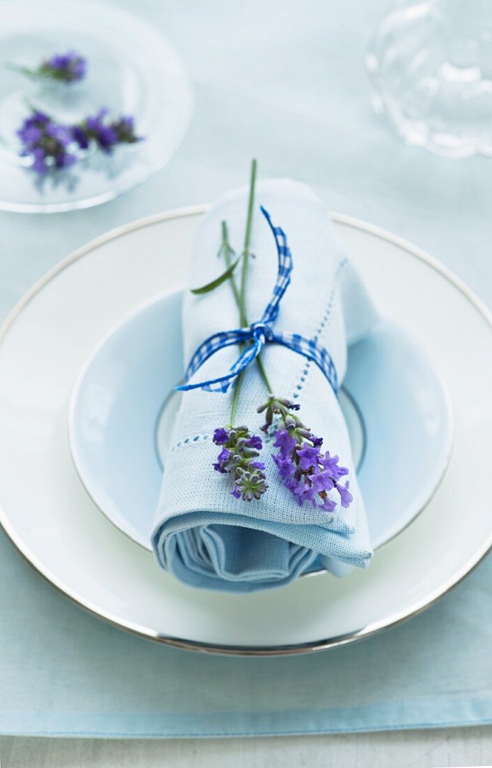 A napkin decorated with lavender flowers