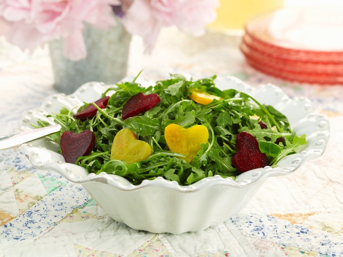 Arugula Salad with Heart Shape Red and Golden Beets
