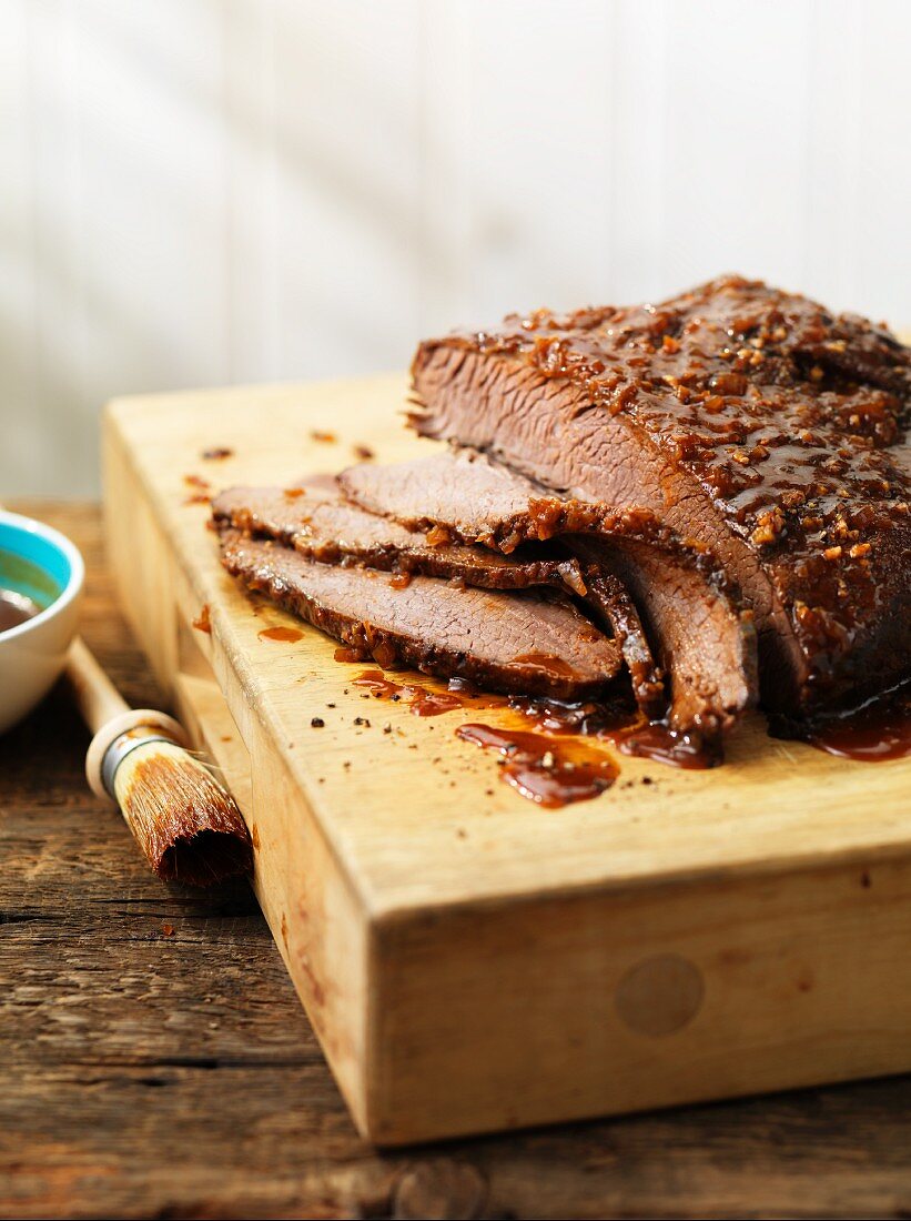 Grilled and marinated beef brisket, sliced