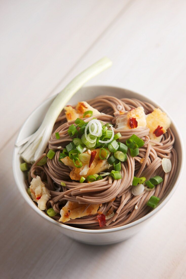 Soba noodles with fish and spring onions