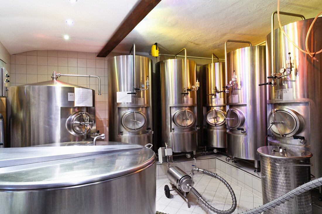 A brewery in Klausen, South Tyrol (fermentation barrels and storage tanks)