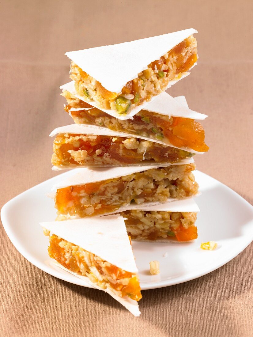 Wafer bars made with apricots, walnuts and pistachios