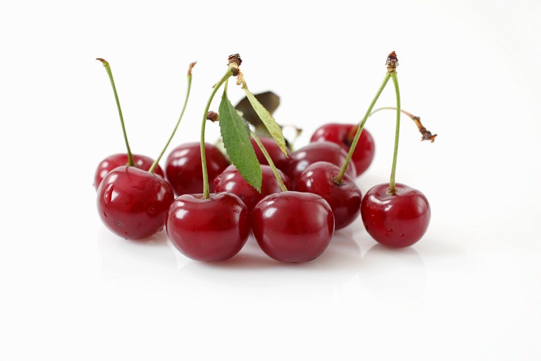 Sour cherries with a leaf