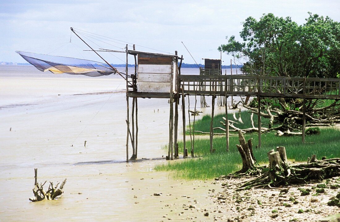 Wooden jetty with fishing net on the sea shore