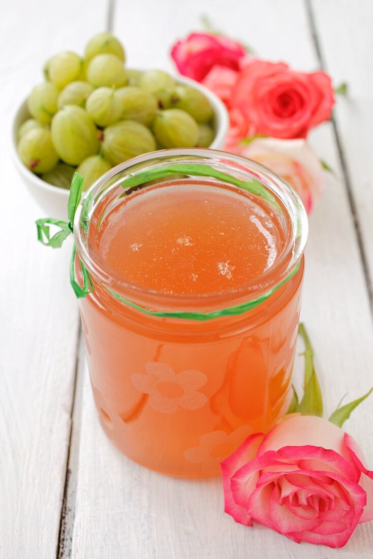 A jar of gooseberry and rose petal jelly