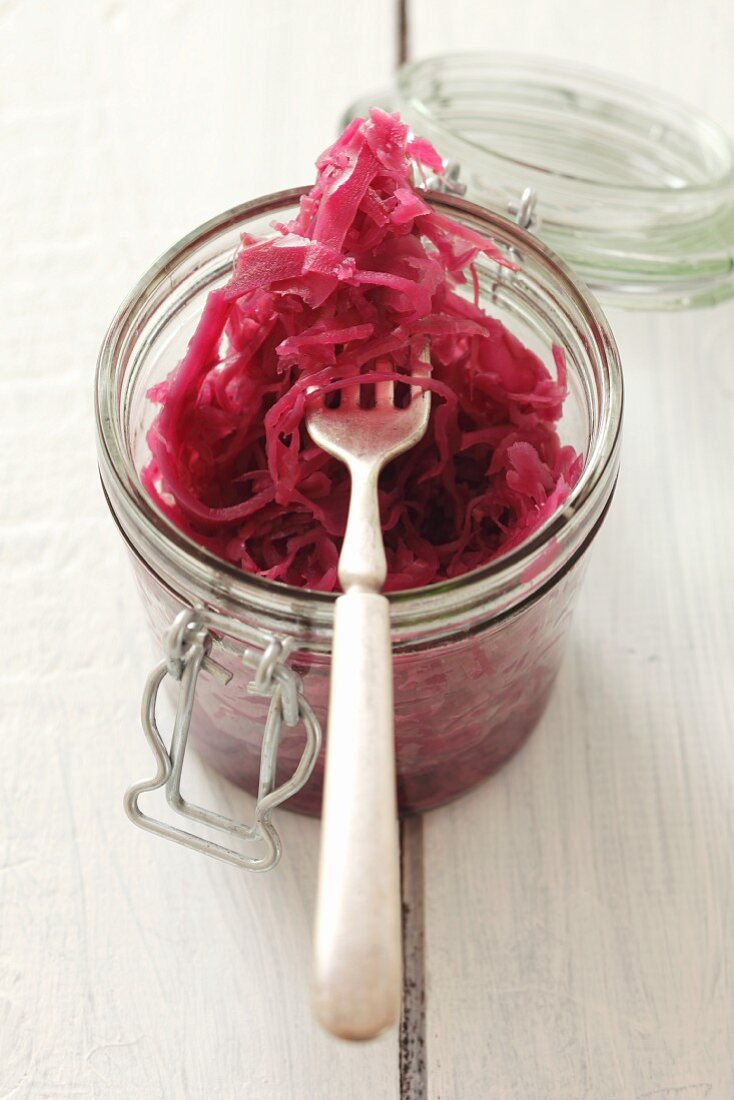 A jar of red cabbage salad
