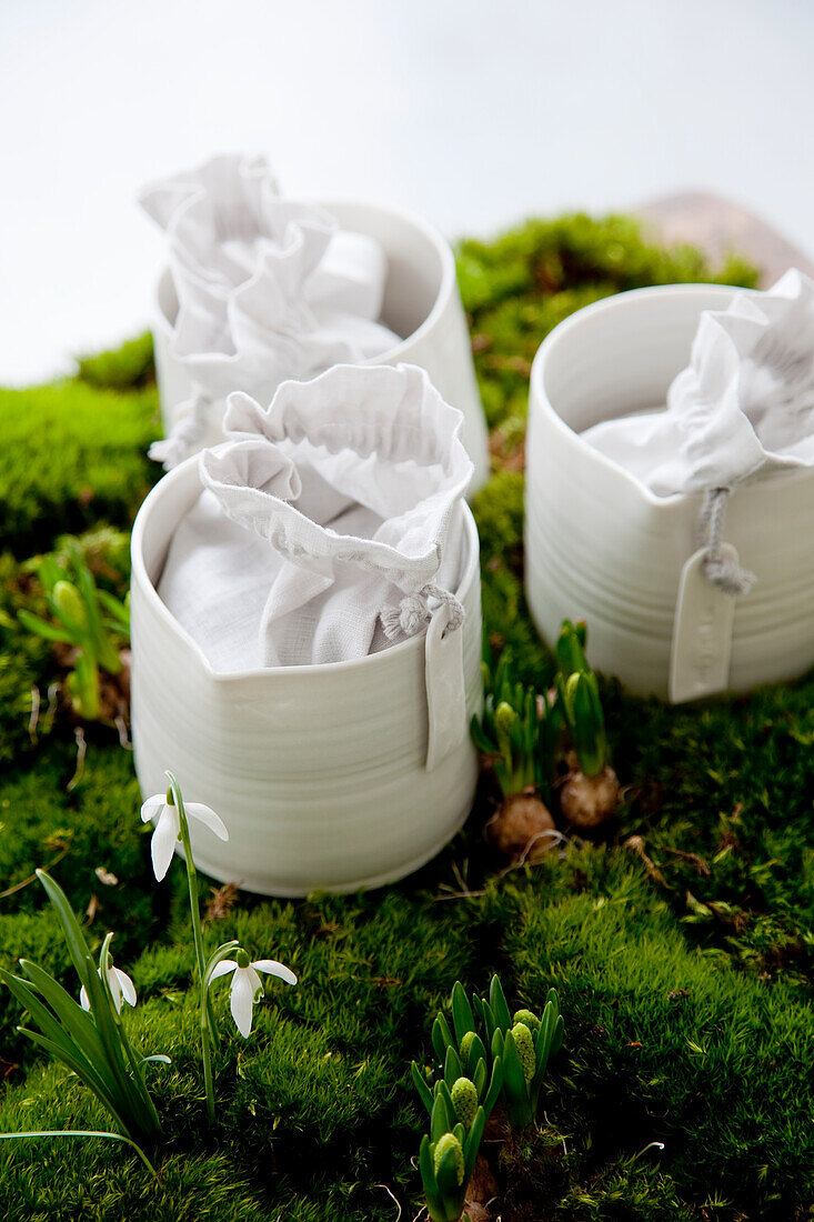 Weiße Porzellantöpfe mit Stoffsäckchen auf Moosbett mit Frühlingsblumen