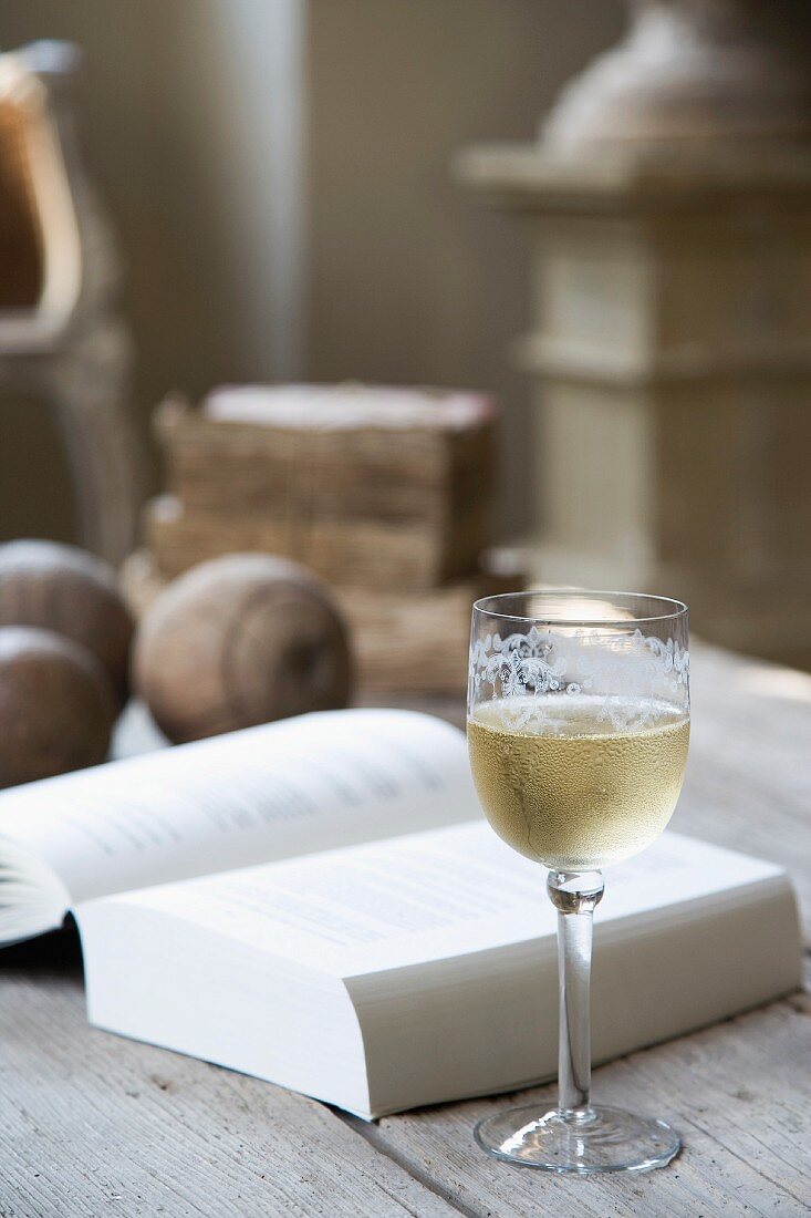 Glass of white wine next to open book on rustic table