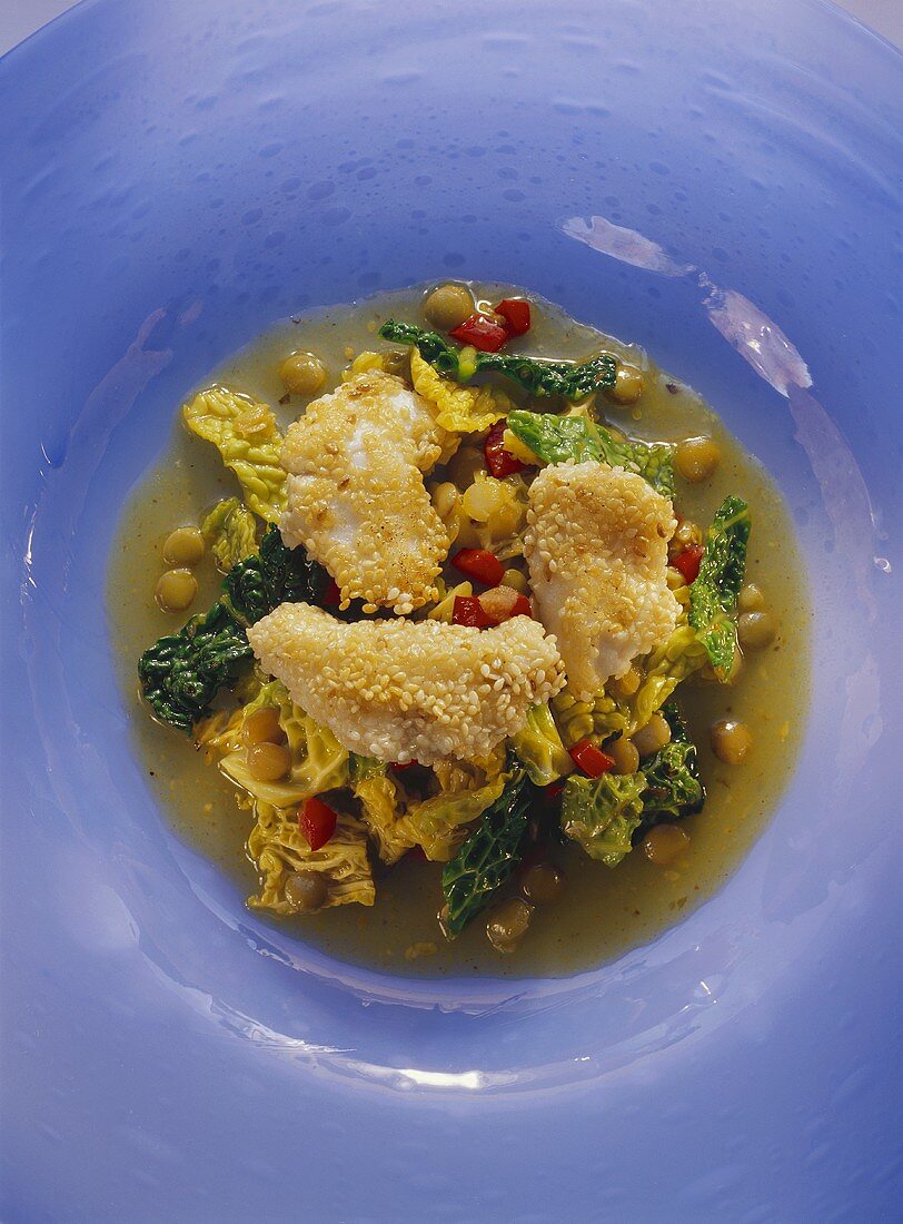 Sesame coated monkfish & vegetables