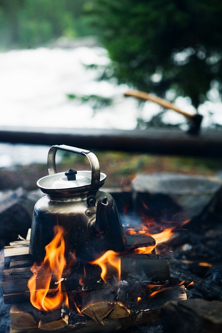 A teapot on a camp fire