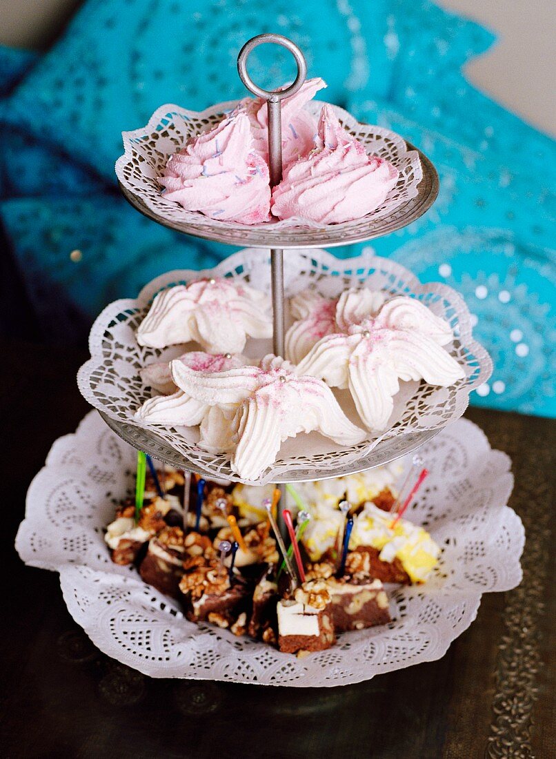 Meringues and confectionery on a cake stand