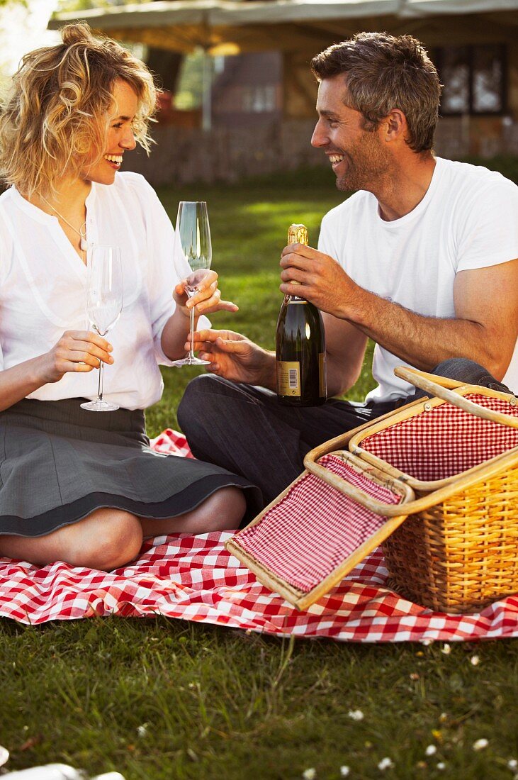 A couple drinking champagne whilst having a picnic