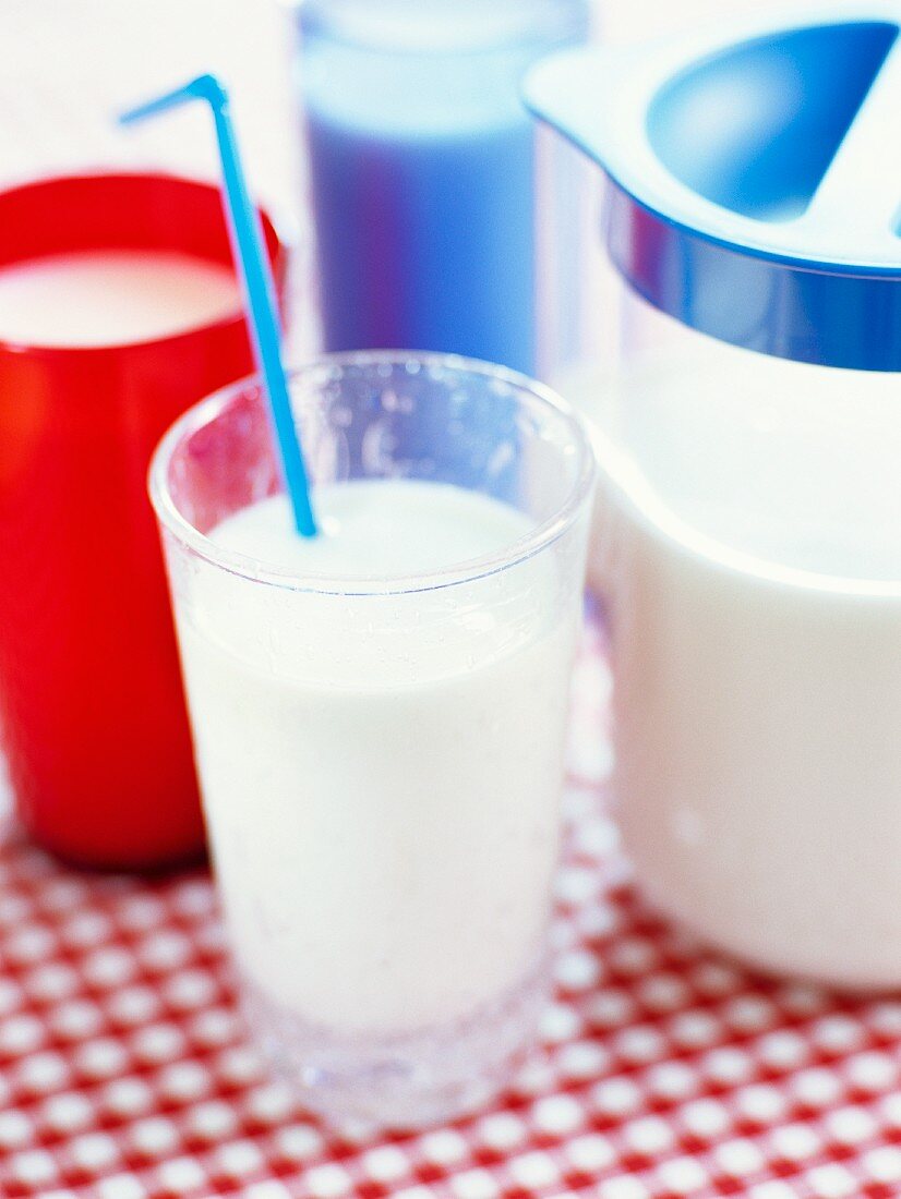 A glass of milk with a straw
