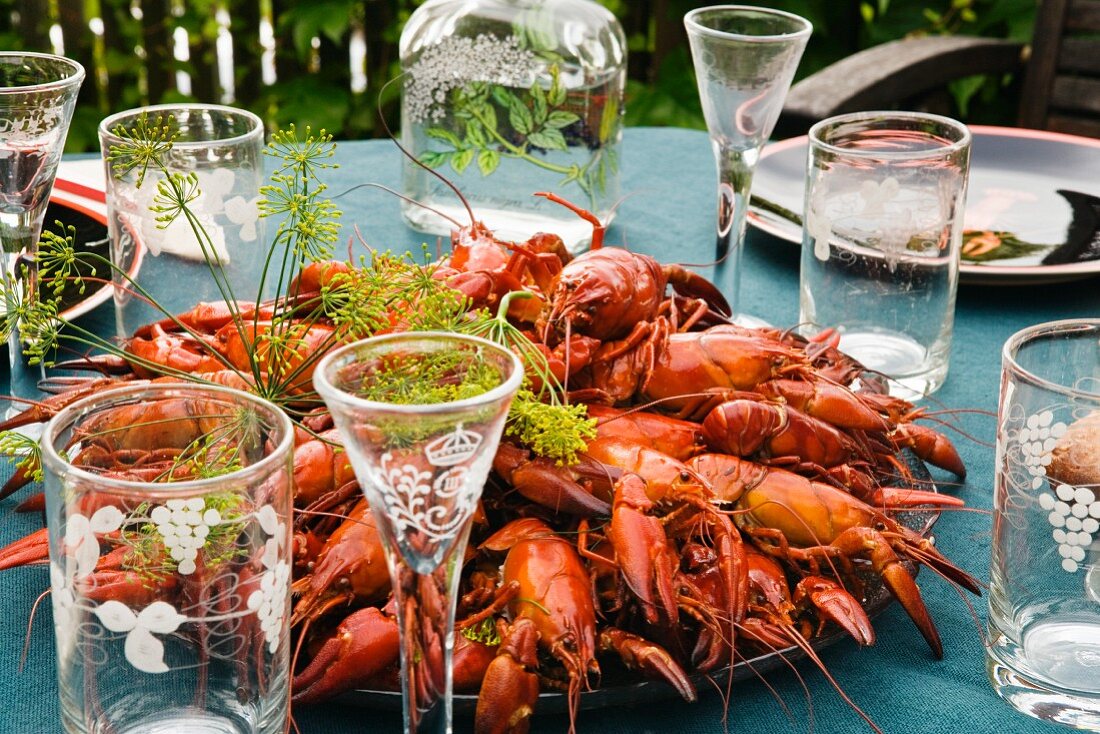 Crayfish on a table in a garden