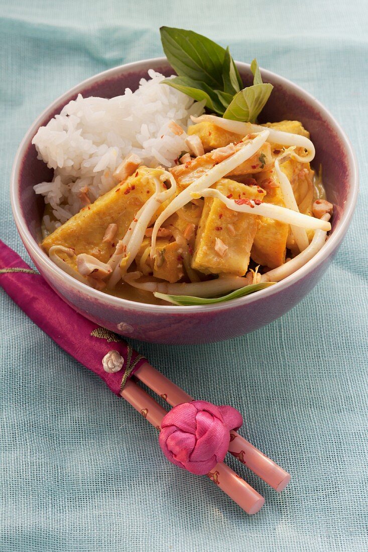 Fried tofu with beansprouts and rice (Asia)
