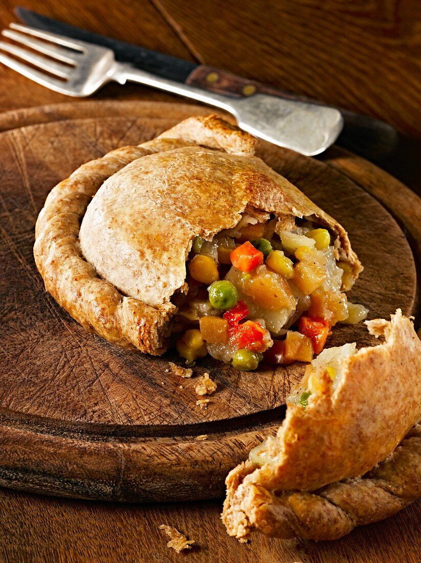 Wholemeal vegetable pasty, cut