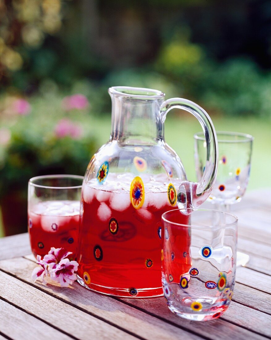 Cranberrysaft im Glaskrug und Glas auf Gartentisch