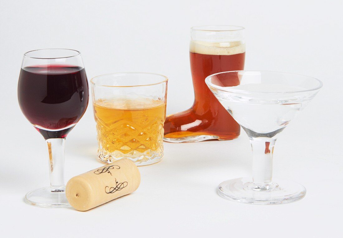 Mini Booze Glasses; Wine, Scotch, Beer, Vodka Martini; Wine Cork