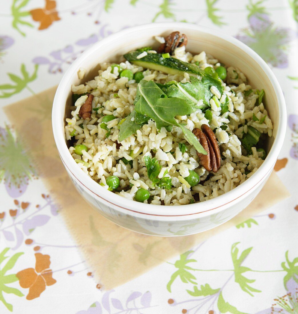 Brown Rice with Zucchini, Arugula, Walnuts and Peas; From Above