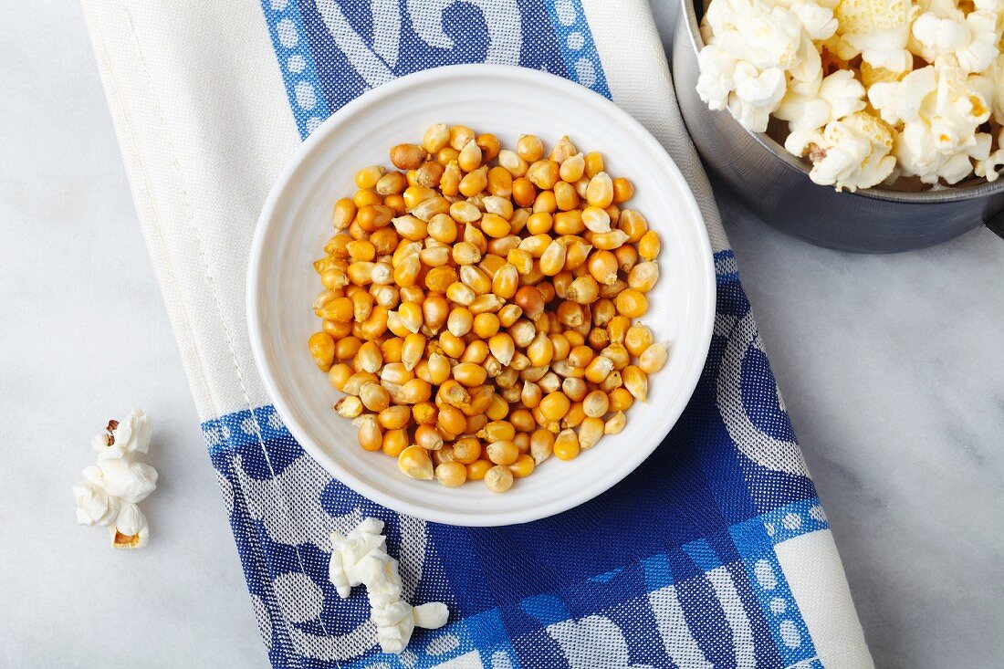 Corn kernels and popcorn