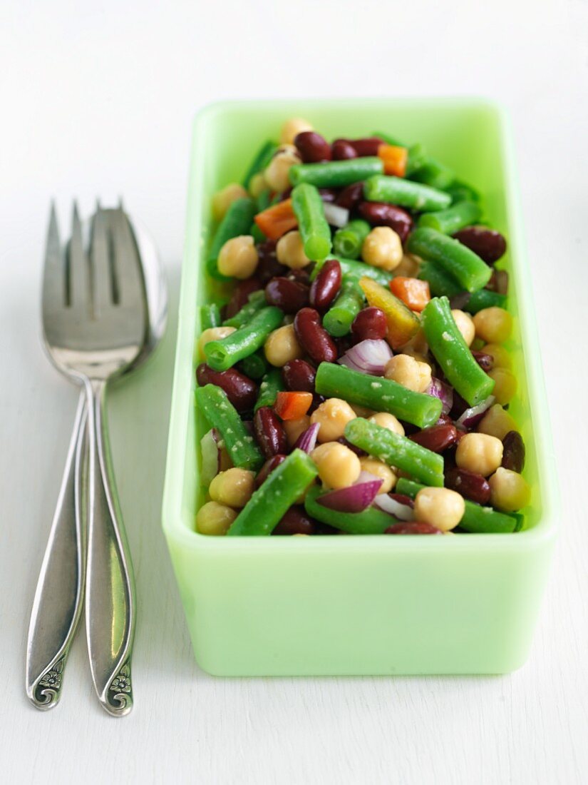 Three Bean Salad in a Jade Green Dish