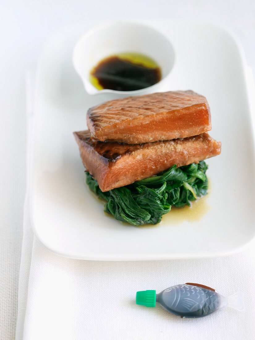 Soy Glazed Salmon on a Bed of Spinach