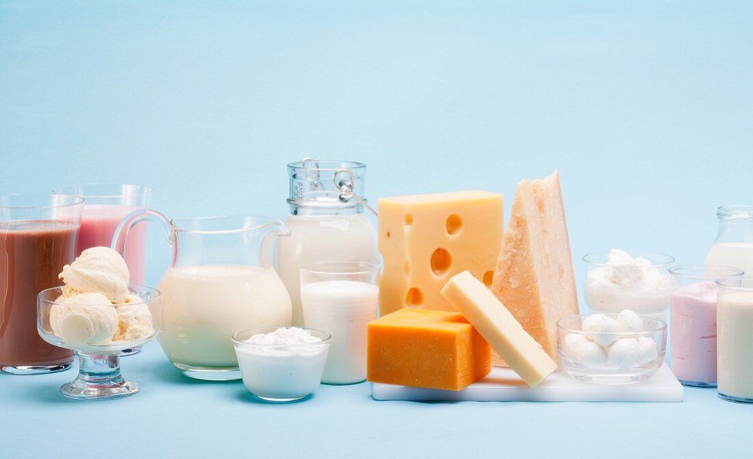 Verschiedene Milchprodukte (Käse, Eis, Milchshakes und Milch) vor blauem Hintergrund
