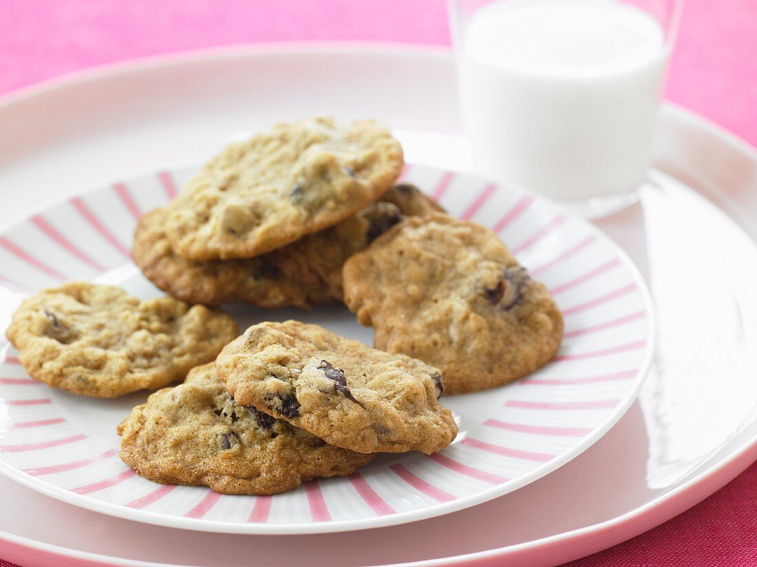 Chocolate Chip Cookies on a Plate; Glass of Milk