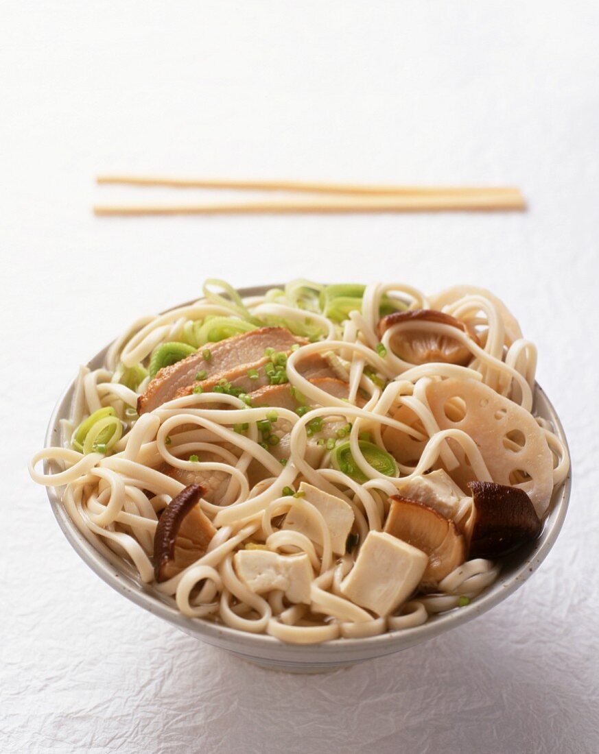 Noodles with mushrooms, tofu and lotus root (Japanese)