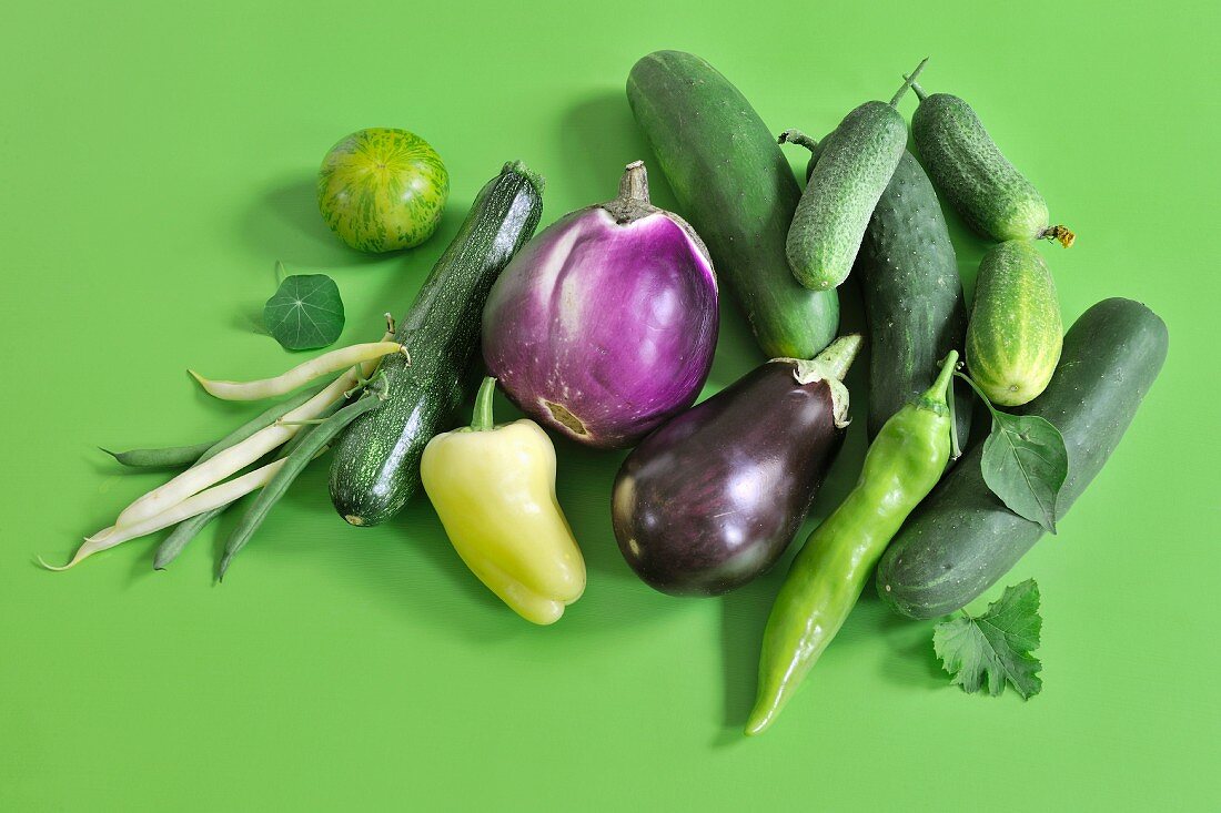 Still-life of summer vegetables with beans, aubergines, peppers and cucumbers