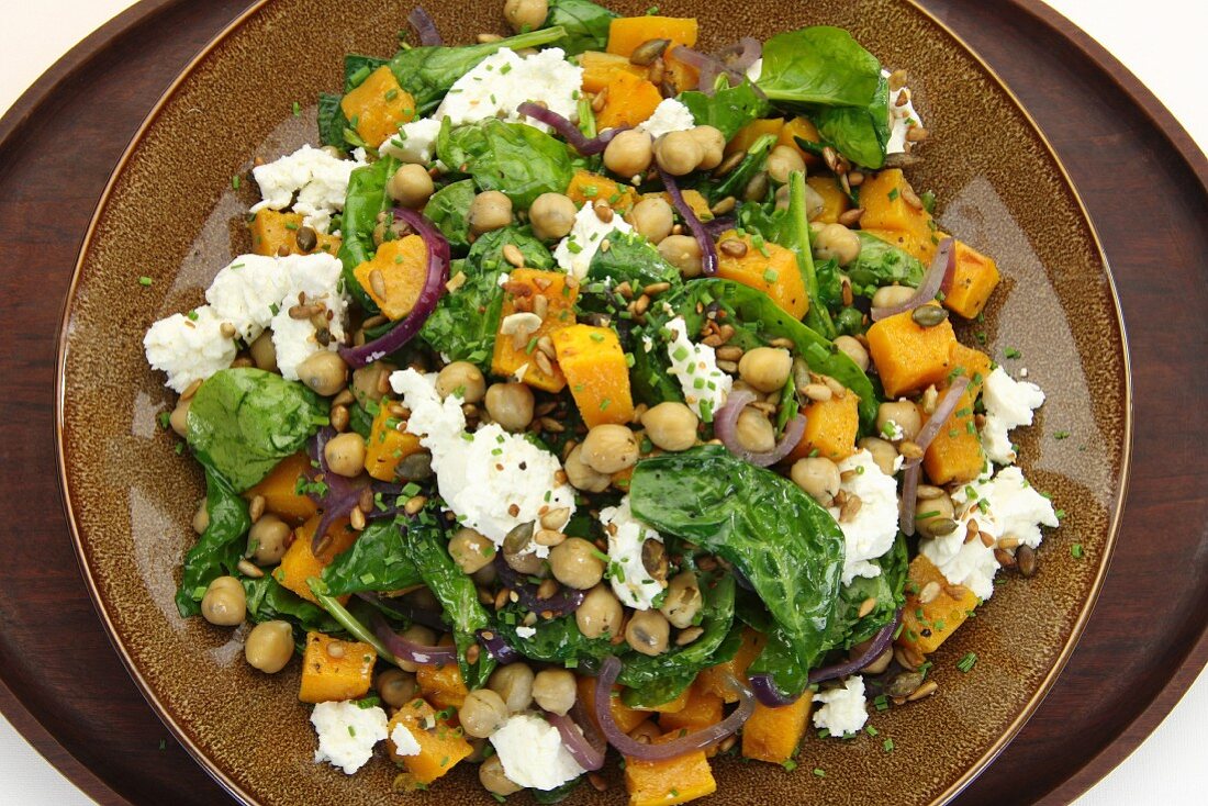 Chickpea salad with butternut squash and cottage cheese (top view)