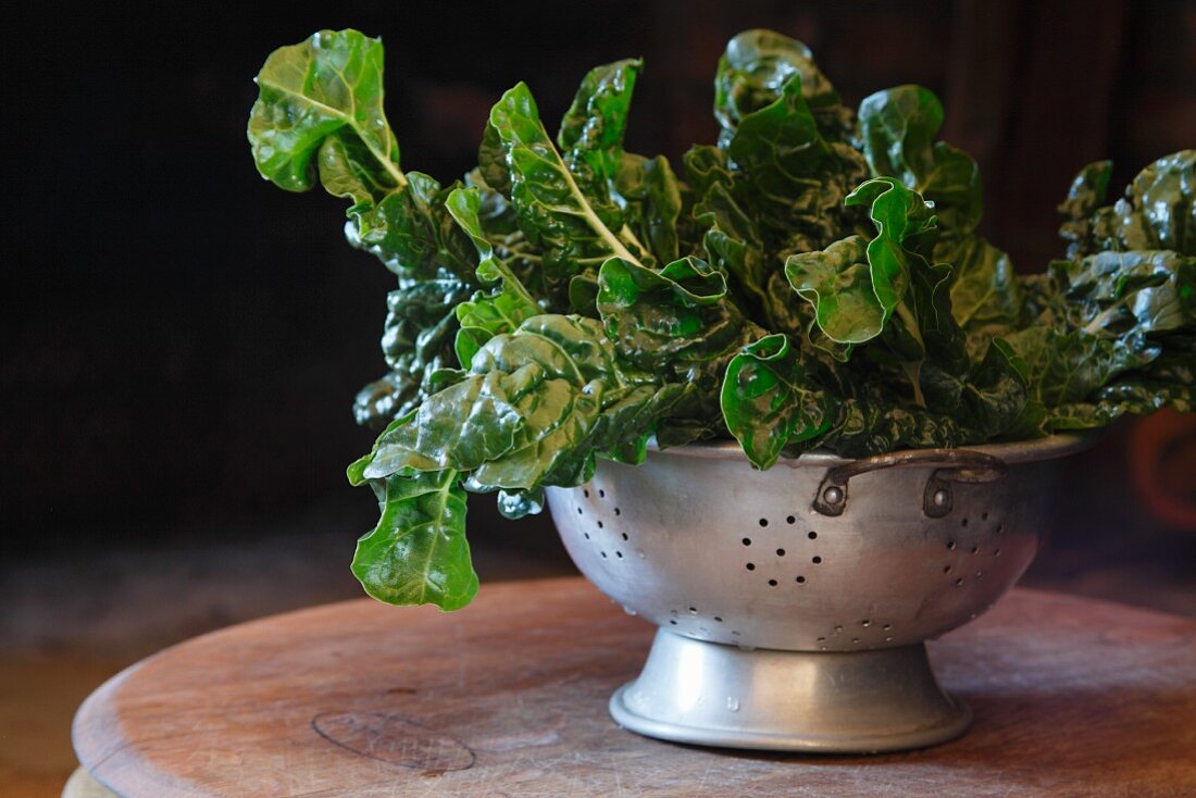 Swiss chard in colander